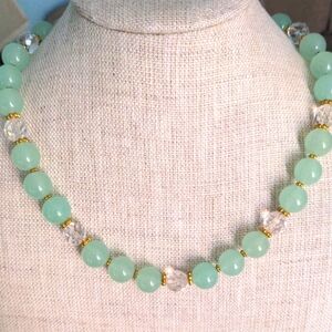 Pastel Green Quartz & Rock Crystal Beaded Necklace. Gold Plated Bali Clasp 18"+3